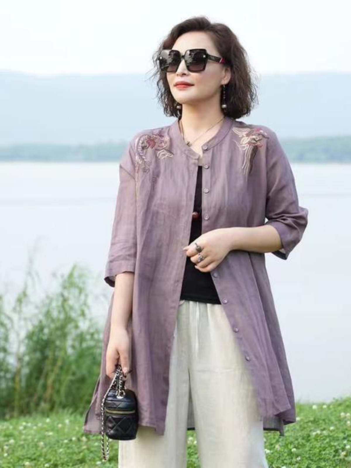 Embroidery Cardigan - Camicia leggera da donna in misto