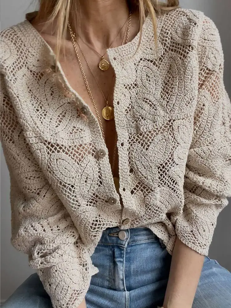 Embroidery Cardigan - Camicie da donna in maglia all'uncinetto